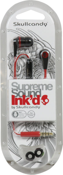 EARBUDS INKD MIC SKULL BLACK/RED