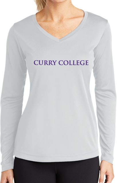 Curry College Womens Performance Long Sleeve V Neck Shirt Curry College Wordmark Flat - ONLINE ONLY