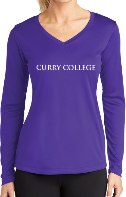 Curry College Womens Performance Long Sleeve V Neck Shirt Curry College Wordmark Flat - ONLINE ONLY