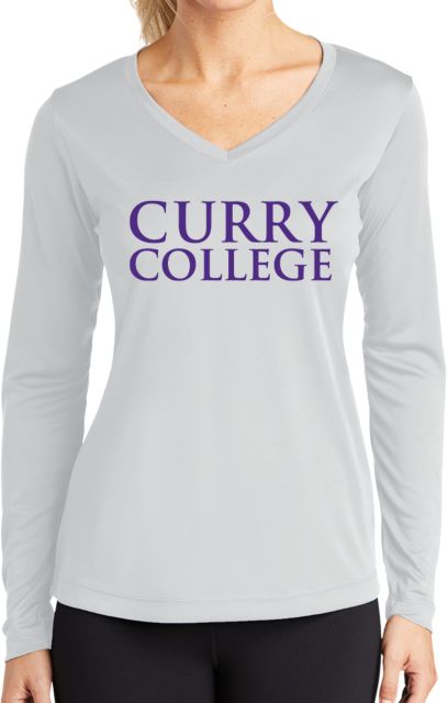 Curry College Womens Performance Long Sleeve V Neck Shirt Curry College Wordmark Stacked - ONLINE ONLY