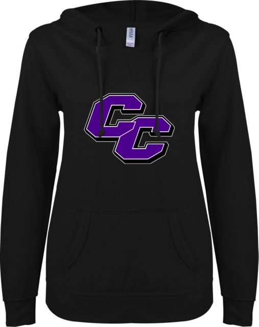 Curry College ENZA Womens V Notch Raw Edge Fleece Hoodie Curry College Primary Athletic Mark - ONLINE ONLY