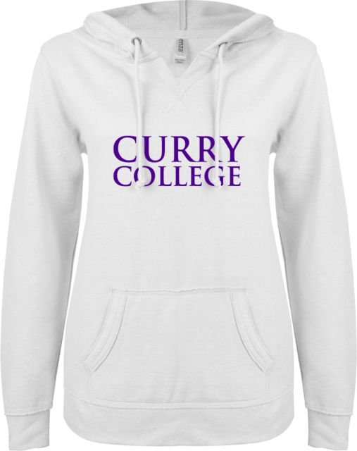 Curry College ENZA Womens V Notch Raw Edge Fleece Hoodie Curry College Wordmark Stacked - ONLINE ONLY