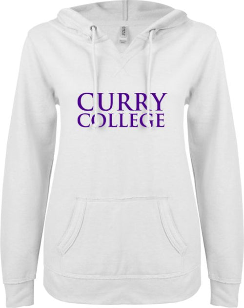 Curry College ENZA Womens V Notch Raw Edge Fleece Hoodie Curry College Wordmark Stacked - ONLINE ONLY