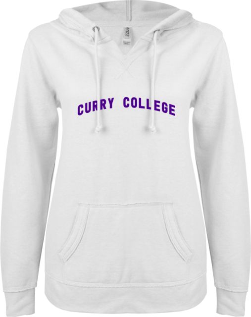 Curry College ENZA Womens V Notch Raw Edge Fleece Hoodie Curry College Arched Design - ONLINE ONLY
