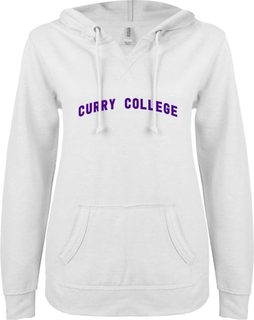 Curry College ENZA Womens V Notch Raw Edge Fleece Hoodie Curry College Arched Design - ONLINE ONLY