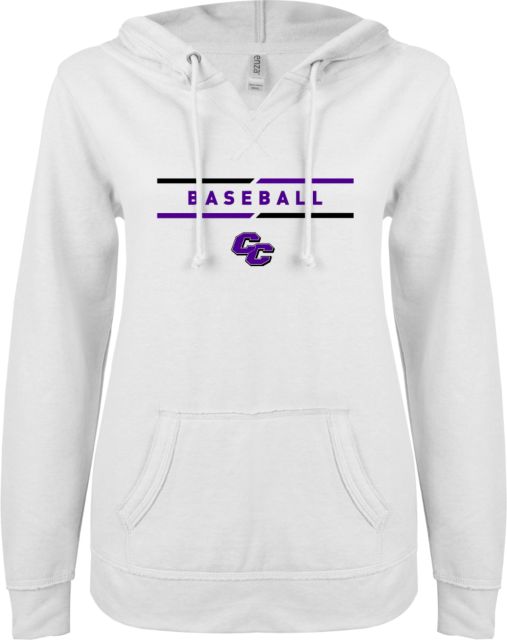 Curry College ENZA Womens V Notch Raw Edge Fleece Hoodie Curry College Baseball Text with Lines - ONLINE ONLY