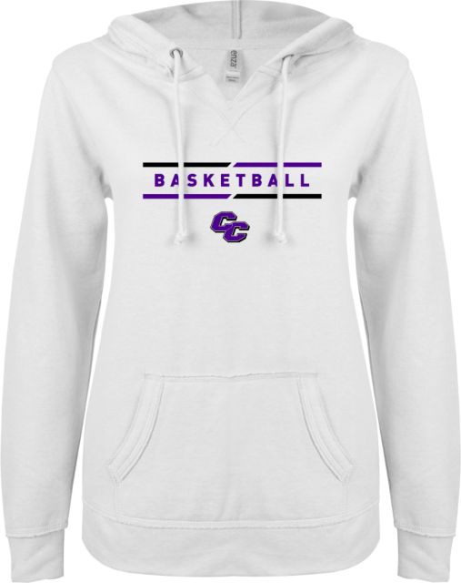 Curry College ENZA Womens V Notch Raw Edge Fleece Hoodie Curry College Basketball Text with Lines - ONLINE ONLY