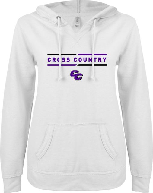 Curry College ENZA Womens V Notch Raw Edge Fleece Hoodie Curry College Cross Country Text with Lines - ONLINE ONLY