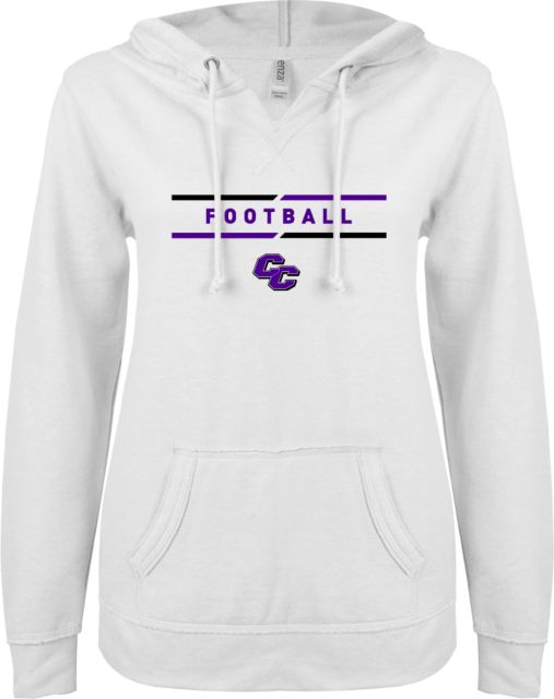 Curry College ENZA Womens V Notch Raw Edge Fleece Hoodie Curry College Football Text with Lines - ONLINE ONLY