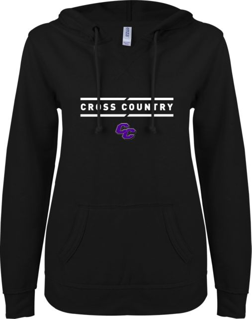 Curry College ENZA Womens V Notch Raw Edge Fleece Hoodie Curry College Cross Country Text with Lines - ONLINE ONLY
