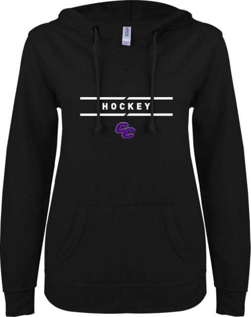 Curry College ENZA Womens V Notch Raw Edge Fleece Hoodie Curry College Hockey Text with Lines - ONLINE ONLY