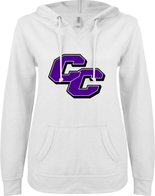 Curry College ENZA Womens V Notch Raw Edge Fleece Hoodie Curry College Primary Athletic Mark - ONLINE ONLY