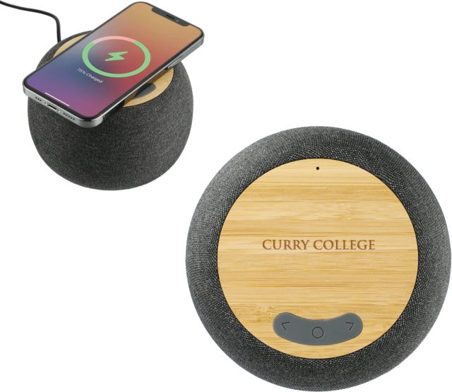 Curry College Garm Fabric & Bamboo Speaker with Wireless Charging Curry College Wordmark Flat  Engraved - ONLINE ONLY